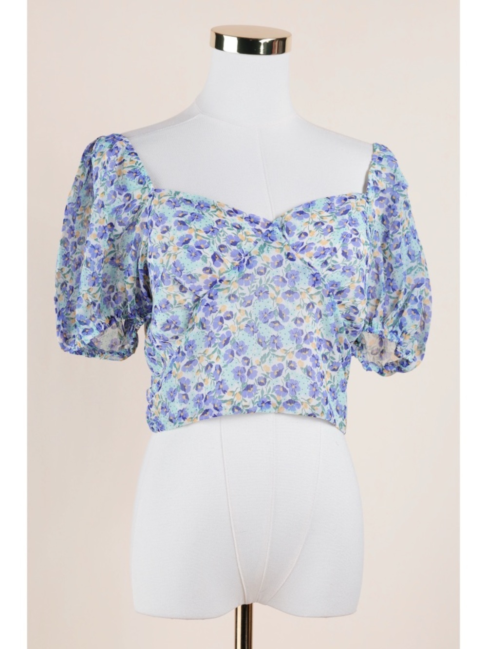 Sz S & M Promesa Romantic Floral Puff Sleeve Open Tie-Back Crop Top NWT